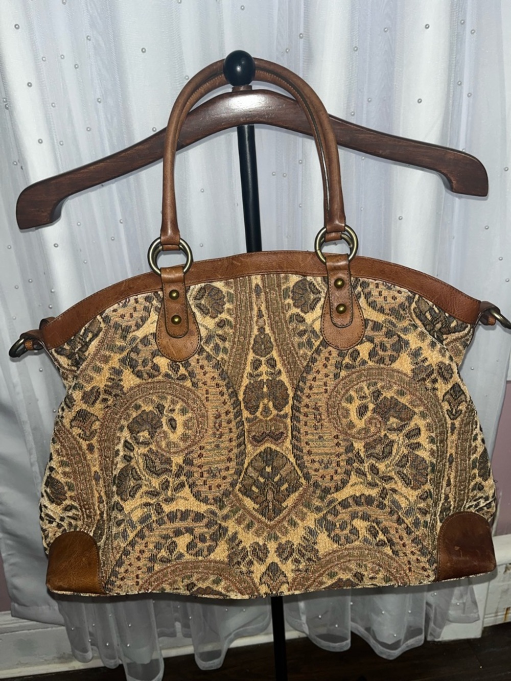J. Jill Brown Paisley Tapestry Tote with Leather Trim